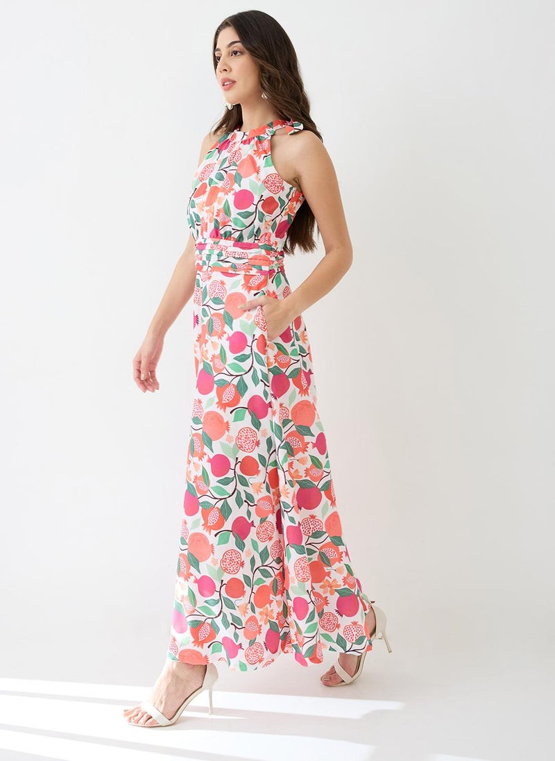 Globus Women Pink Floral & Fruit Print Halter Neck Pleated Detail Flared Fusion Jumpsuit - Image 3